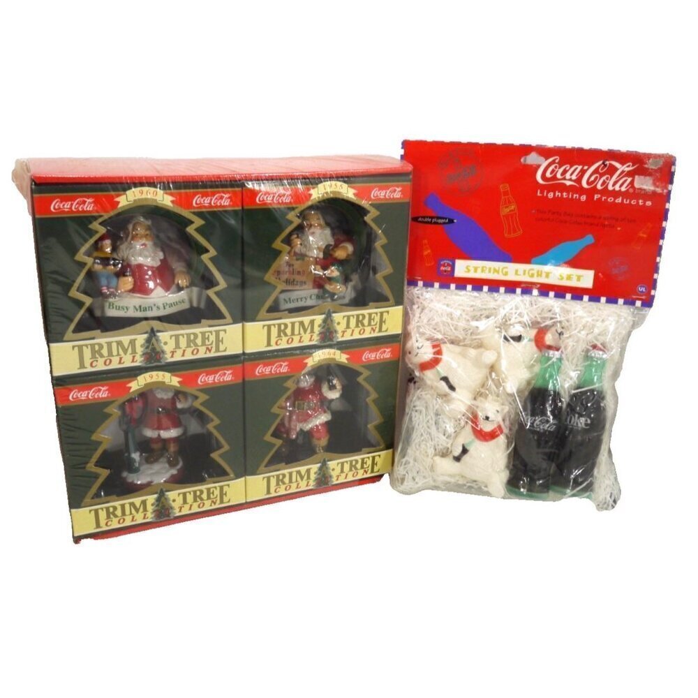 COCA COLA Trim A Tree four ornaments & string light set 3" tall 1994 & 1996 NEW
